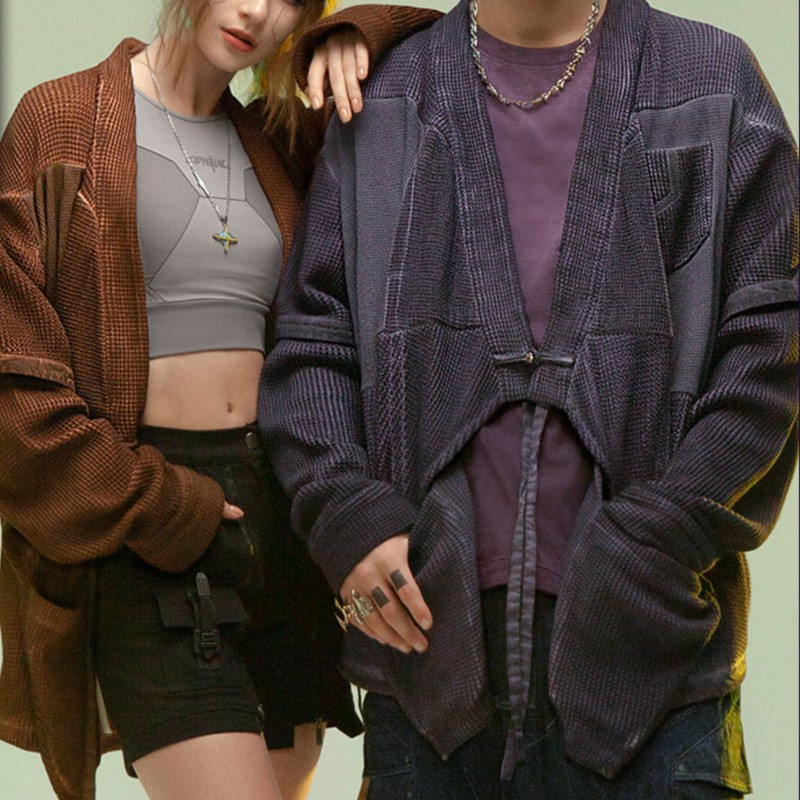 Street Fashion In Chinese - Cardigan Teint et Délavé Style Punk